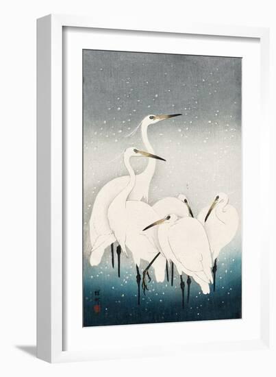 Five White Herons Standing in Water; Snow Falling-Koson Ohara-Framed Premium Giclee Print