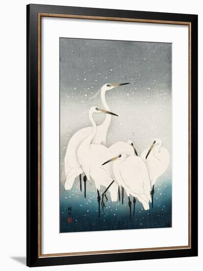 Five White Herons Standing in Water; Snow Falling-Koson Ohara-Framed Premium Giclee Print