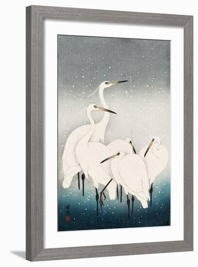 Five White Herons Standing in Water; Snow Falling-Koson Ohara-Framed Giclee Print