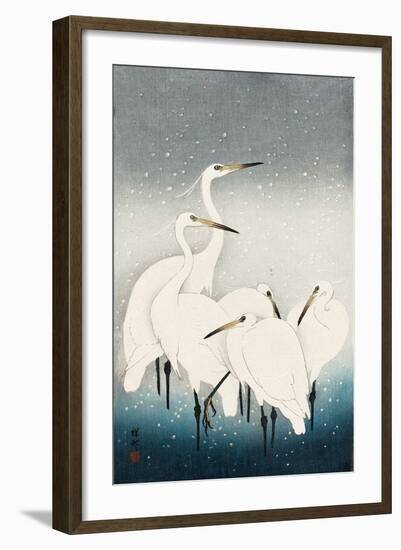 Five White Herons Standing in Water; Snow Falling-Koson Ohara-Framed Giclee Print