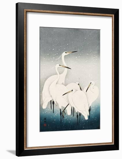 Five White Herons Standing in Water; Snow Falling-Koson Ohara-Framed Giclee Print