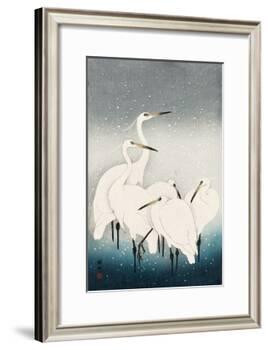 Five White Herons Standing in Water; Snow Falling-Koson Ohara-Framed Giclee Print