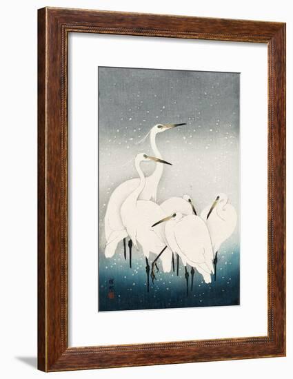 Five White Herons Standing in Water; Snow Falling-Koson Ohara-Framed Giclee Print