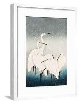 Five White Herons Standing in Water; Snow Falling-Koson Ohara-Framed Giclee Print
