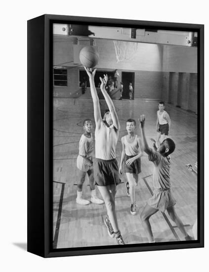 Five Young Boys Wearing Gym Clothes and Playing a Game of Basketball in the School Gym-null-Framed Premier Image Canvas