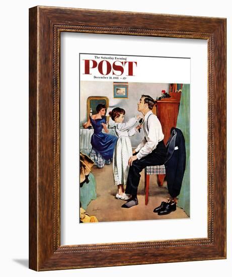 "Fixing Father's Tie" Saturday Evening Post Cover, December 31, 1955-George Hughes-Framed Giclee Print