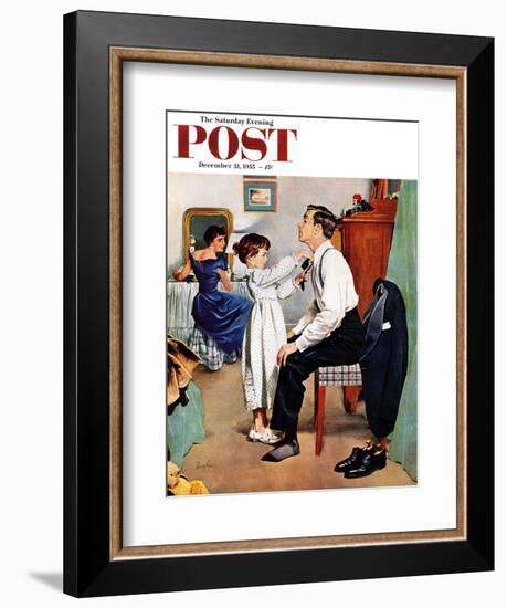 "Fixing Father's Tie" Saturday Evening Post Cover, December 31, 1955-George Hughes-Framed Giclee Print