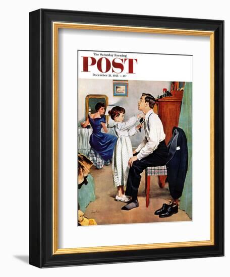 "Fixing Father's Tie" Saturday Evening Post Cover, December 31, 1955-George Hughes-Framed Giclee Print