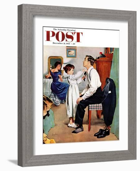 "Fixing Father's Tie" Saturday Evening Post Cover, December 31, 1955-George Hughes-Framed Giclee Print