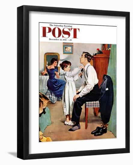 "Fixing Father's Tie" Saturday Evening Post Cover, December 31, 1955-George Hughes-Framed Giclee Print