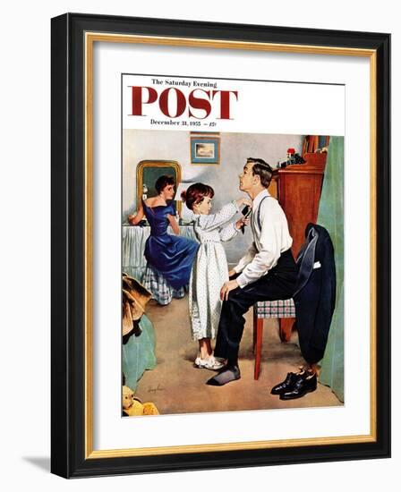 "Fixing Father's Tie" Saturday Evening Post Cover, December 31, 1955-George Hughes-Framed Giclee Print