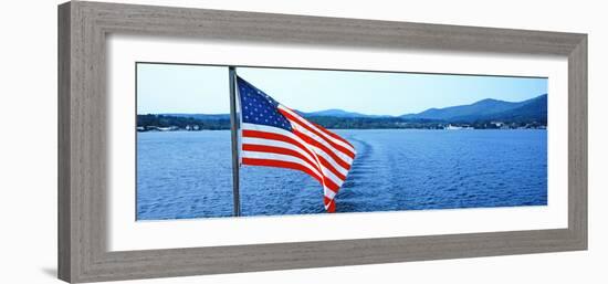 Flag and View from the Minne Ha Ha Steamboat, Lake George, New York State, USA-null-Framed Photographic Print