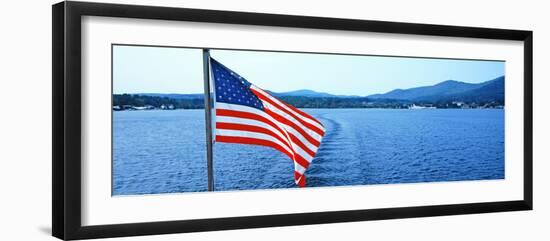 Flag and View from the Minne Ha Ha Steamboat, Lake George, New York State, USA-null-Framed Photographic Print