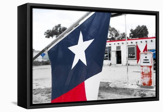 Flag at an Antique Gas Station, Adrian, Texas, USA. Route 66-Julien McRoberts-Framed Premier Image Canvas