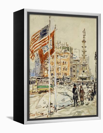 Flags, Columbus Circle, 1918-Childe Hassam-Framed Premier Image Canvas