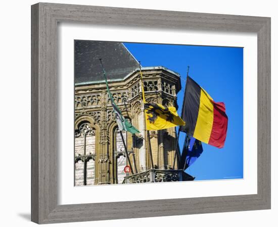 Flags of Belgium on the Right, Flanders in the Center on the Town Hall of Ghent, Flanders, Belgium-Richard Ashworth-Framed Photographic Print