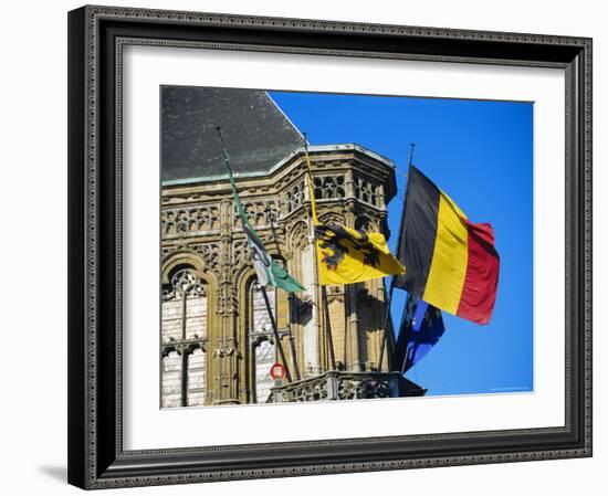 Flags of Belgium on the Right, Flanders in the Center on the Town Hall of Ghent, Flanders, Belgium-Richard Ashworth-Framed Photographic Print