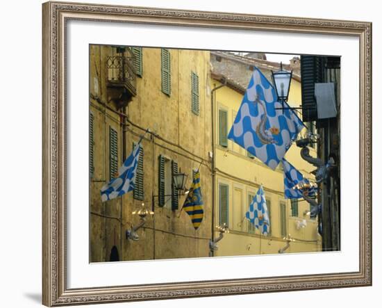 Flags of the Onda (Wave) Contrada in the Via Giovanni Dupre, Siena, Tuscany, Italy, Europe-Ruth Tomlinson-Framed Photographic Print