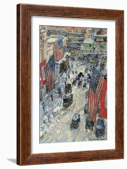 Flags on Fifth Avenue, Winter 1918-Childe Hassam-Framed Art Print