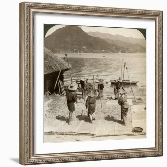 Flailing Barley Beside a Fishing Beach on the Inland Sea, Japan, 1904-Underwood & Underwood-Framed Photographic Print