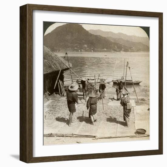 Flailing Barley Beside a Fishing Beach on the Inland Sea, Japan, 1904-Underwood & Underwood-Framed Photographic Print