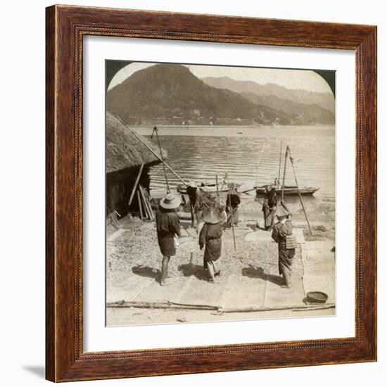 Flailing Barley Beside a Fishing Beach on the Inland Sea, Japan, 1904-Underwood & Underwood-Framed Photographic Print