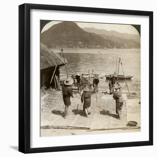 Flailing Barley Beside a Fishing Beach on the Inland Sea, Japan, 1904-Underwood & Underwood-Framed Photographic Print