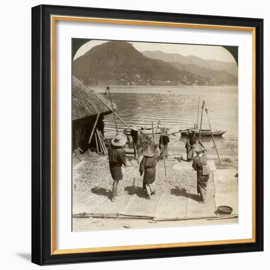 Flailing Barley Beside a Fishing Beach on the Inland Sea, Japan, 1904-Underwood & Underwood-Framed Photographic Print