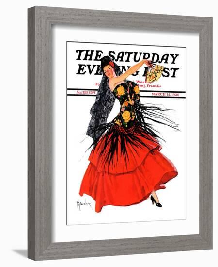 "Flamenco Dancer in Red," Saturday Evening Post Cover, March 14, 1936-R.J. Cavaliere-Framed Giclee Print