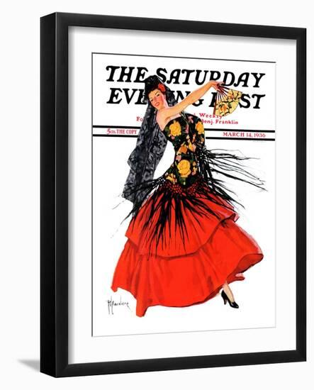 "Flamenco Dancer in Red," Saturday Evening Post Cover, March 14, 1936-R.J. Cavaliere-Framed Giclee Print