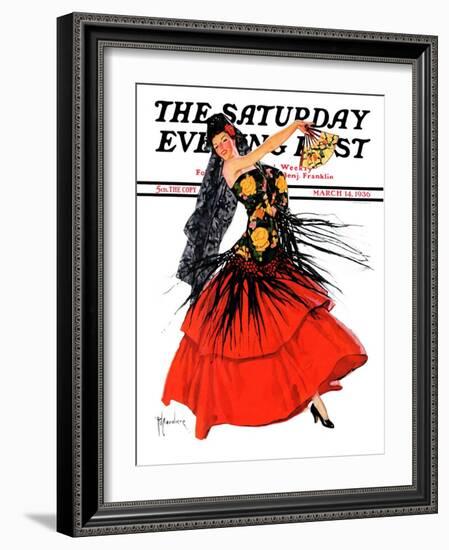 "Flamenco Dancer in Red," Saturday Evening Post Cover, March 14, 1936-R.J. Cavaliere-Framed Giclee Print