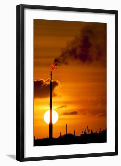 Flames and Smoke Billow from Natural Gas Flare at Valero Oil Refinery at Sunset-null-Framed Photographic Print