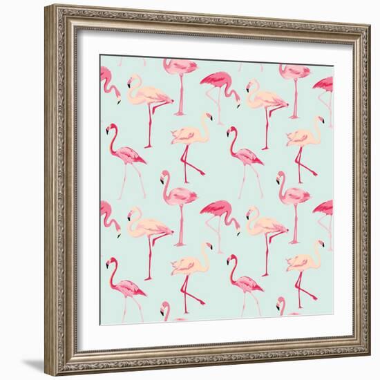 Flamingo Bird Background - Retro Seamless Pattern in Vector-woodhouse-Framed Art Print