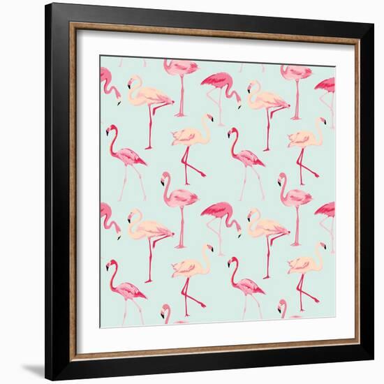 Flamingo Bird Background - Retro Seamless Pattern in Vector-woodhouse-Framed Art Print