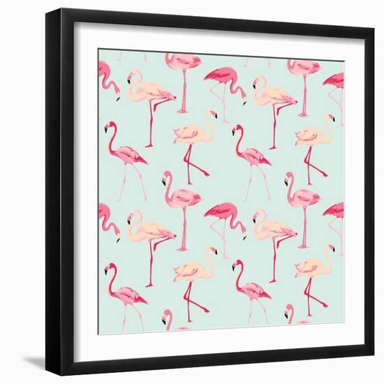 Flamingo Bird Background - Retro Seamless Pattern in Vector-woodhouse-Framed Art Print