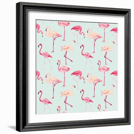 Flamingo Bird Background - Retro Seamless Pattern in Vector-woodhouse-Framed Art Print