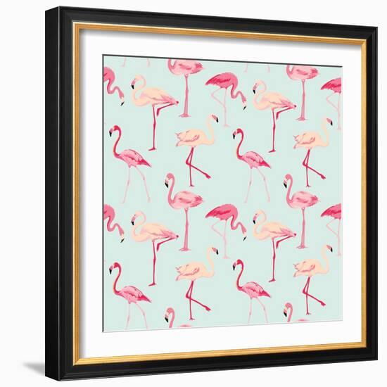 Flamingo Bird Background - Retro Seamless Pattern in Vector-woodhouse-Framed Art Print