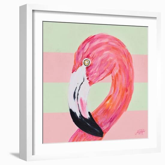 Flamingo on Stripes II-Julie DeRice-Framed Art Print