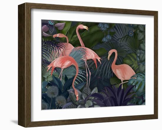 Flamingos in Blue Garden-Fab Funky-Framed Premium Giclee Print