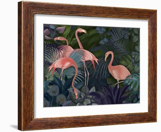 Flamingos in Blue Garden-Fab Funky-Framed Premium Giclee Print