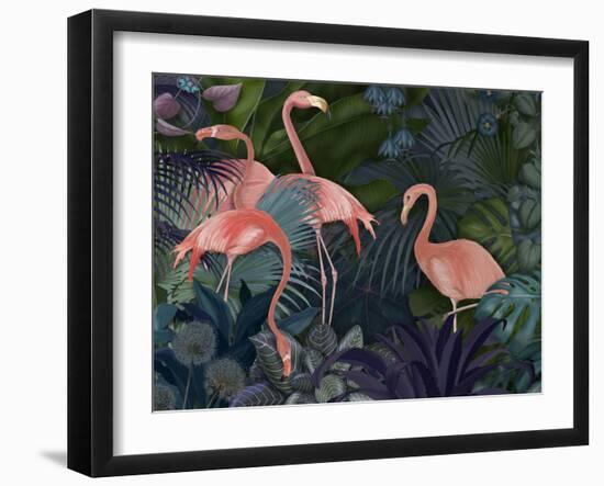 Flamingos in Blue Garden-Fab Funky-Framed Premium Giclee Print