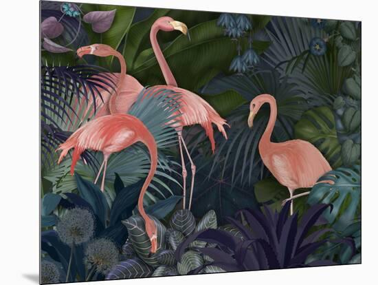 Flamingos in Blue Garden-Fab Funky-Mounted Premium Giclee Print