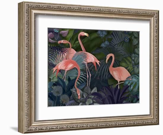 Flamingos in Blue Garden-Fab Funky-Framed Premium Giclee Print