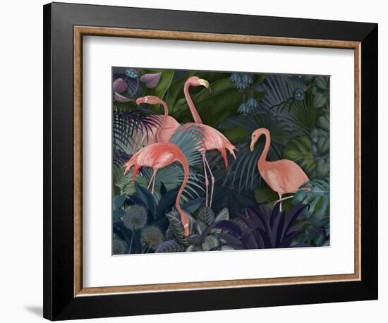 Flamingos in Blue Garden-Fab Funky-Framed Premium Giclee Print