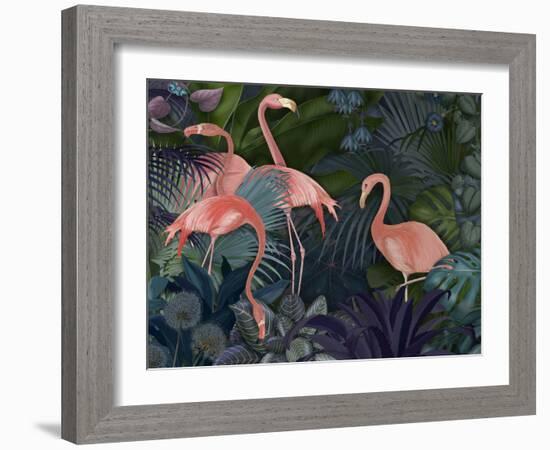 Flamingos in Blue Garden-Fab Funky-Framed Giclee Print