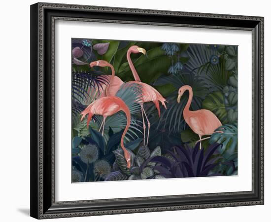 Flamingos in Blue Garden-Fab Funky-Framed Giclee Print