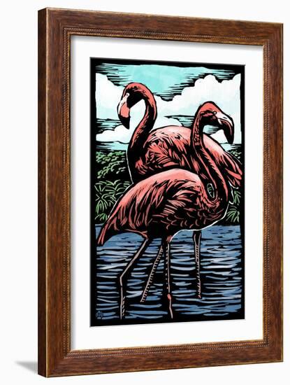 Flamingos - Scratchboard-Lantern Press-Framed Art Print