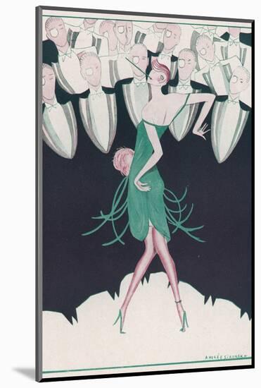 Flapper in a Green Dress Dances in Front of a Group of Men in Evening Dress-Andree Sikorska-Mounted Photographic Print