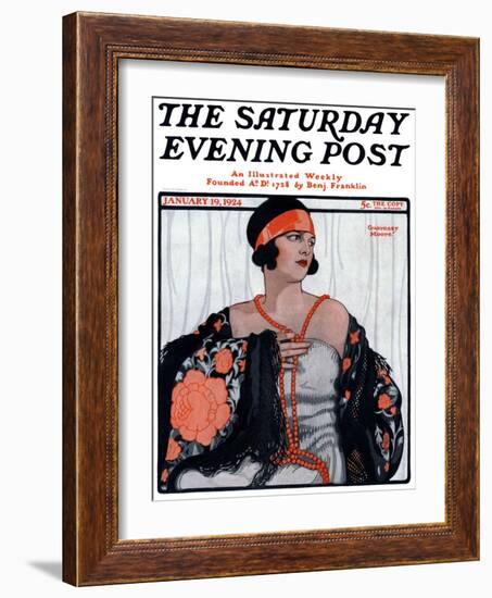 "Flapper in Shawl and Beads," Saturday Evening Post Cover, January 19, 1924-G. Moore-Framed Giclee Print