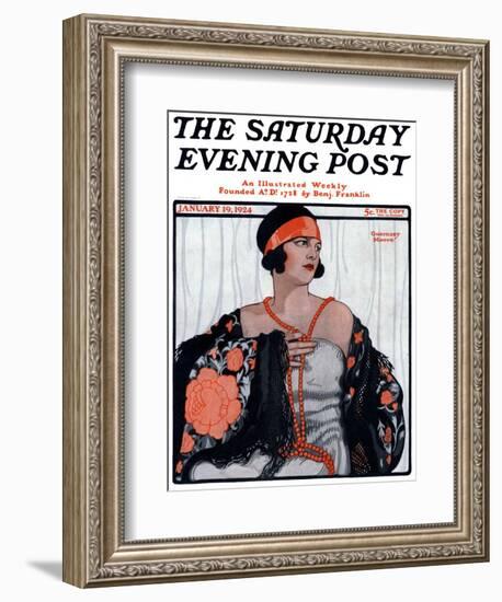 "Flapper in Shawl and Beads," Saturday Evening Post Cover, January 19, 1924-G. Moore-Framed Giclee Print